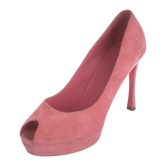 YSL Women's Pink Suede Pink Bottom Peep Toe Pumps, 37.5 / 7 - Picture 1 of 5